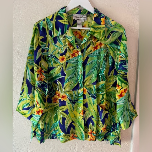 Diane Gilman Tops - Vintage Diane Gilman Silk Tropical Sequin Blouse Beach Resort Cruise Vacation